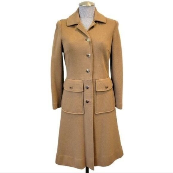 Vintage Kimberly | 100% Virgin Wool Button Front Knit Trench Coat Jacket Brown - Picture 1 of 10